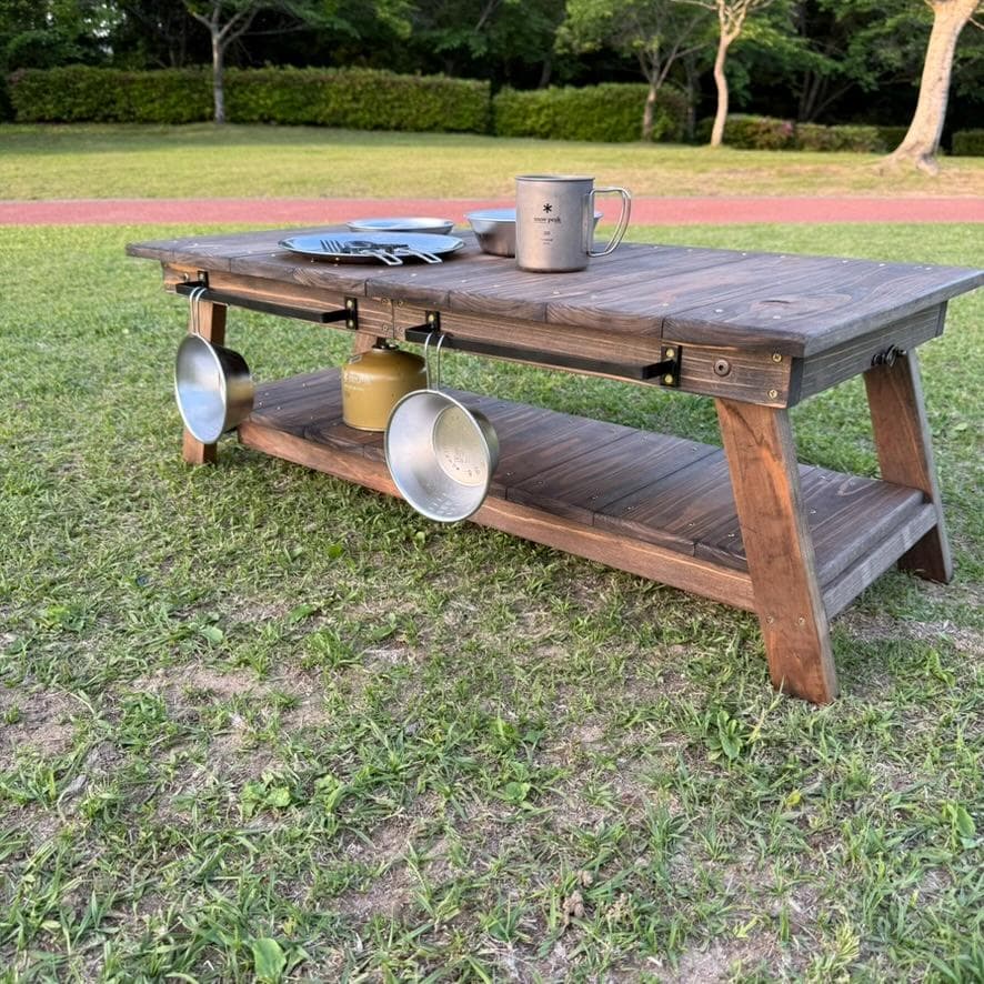 キャンプテーブル 折りたたみ 幅84cm ローテーブル室内兼用 アイアンバー付き