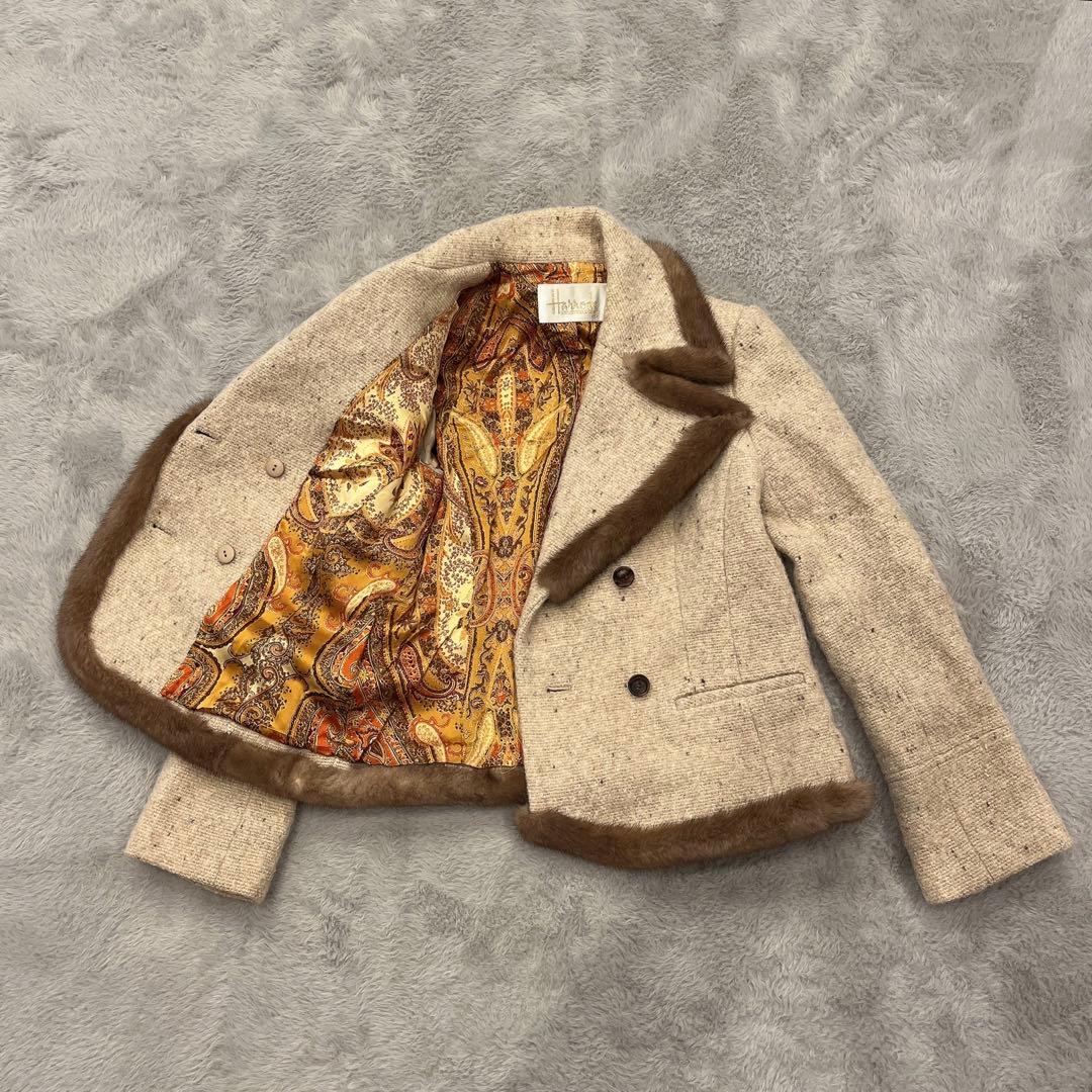 Harrods♡ミンクファー付ショート丈 ウールコート モヘア 裏地シルク 1