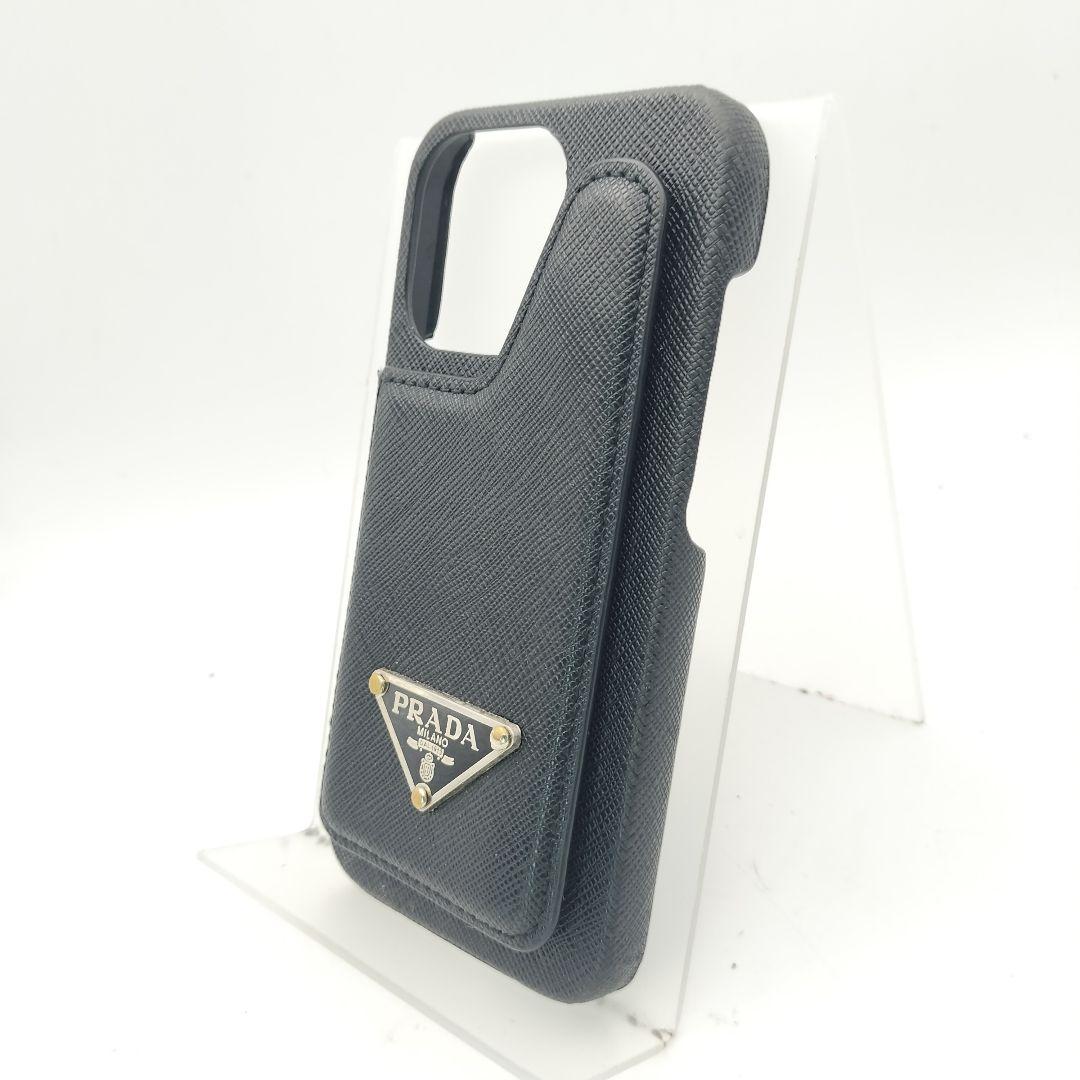 プラダ　iPhone14ケース　パスケース付き　サフィアーノ　ブラック