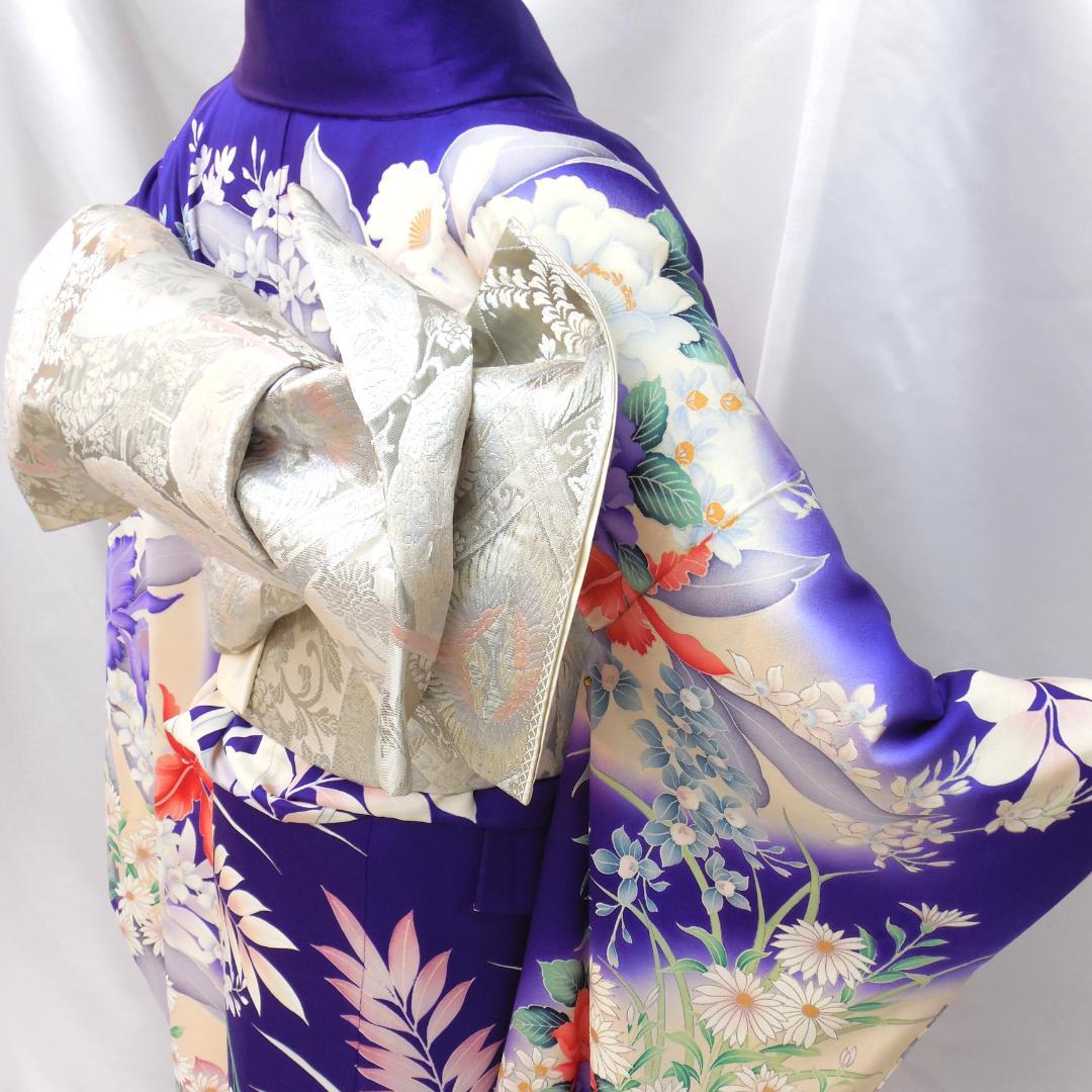美品★振袖フルセット　正絹　成人式　振袖　7点セット　Mサイズ　紫　花柄　華やか