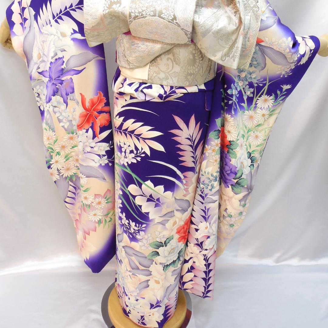 美品★振袖フルセット　正絹　成人式　振袖　7点セット　Mサイズ　紫　花柄　華やか