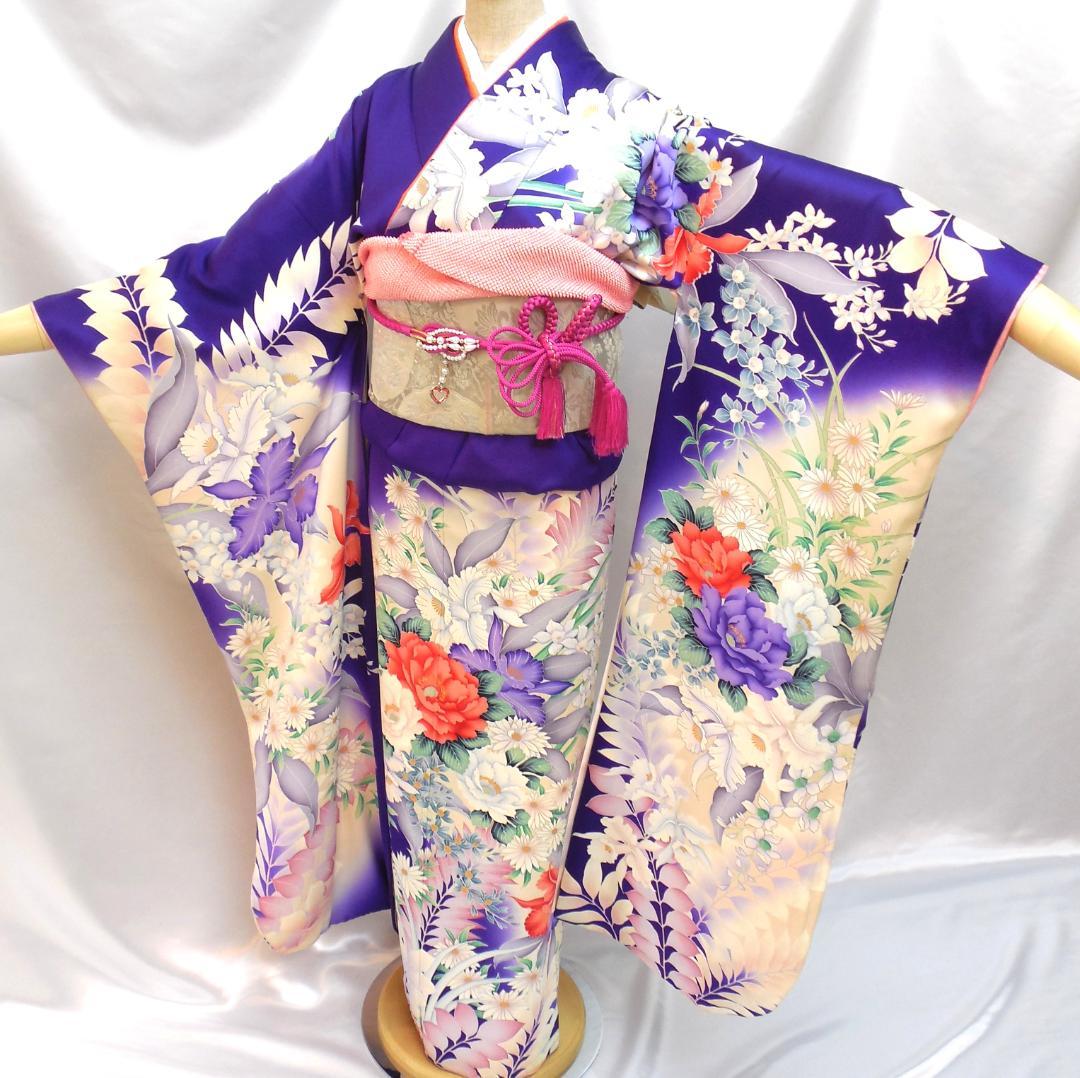 美品★振袖フルセット　正絹　成人式　振袖　7点セット　Mサイズ　紫　花柄　華やか