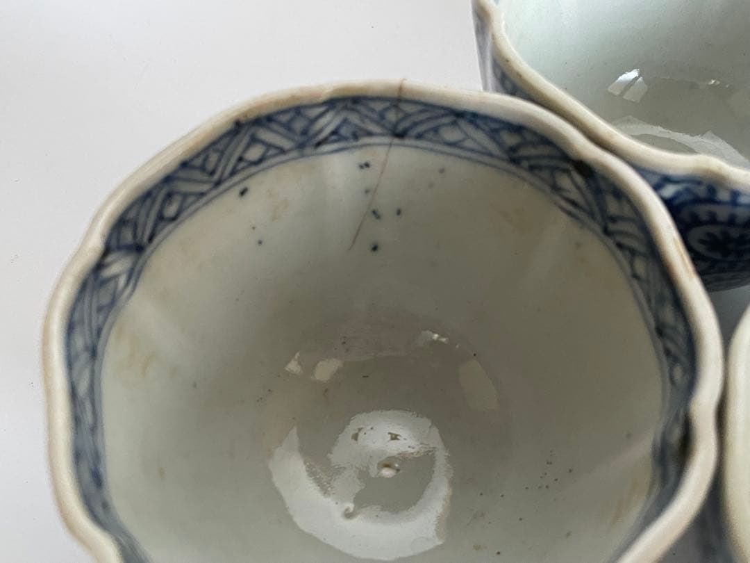 骨董　アンティーク　古伊万里　染付　蛸唐草文様　蕎麦猪口　輪花縁　カップ　5客