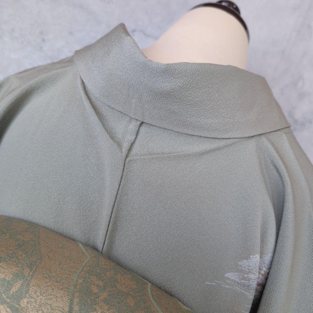 訪問着　フルセット　着物　正絹　木柄　緑　しつけ糸　ナチュラル　優美　自然　O5