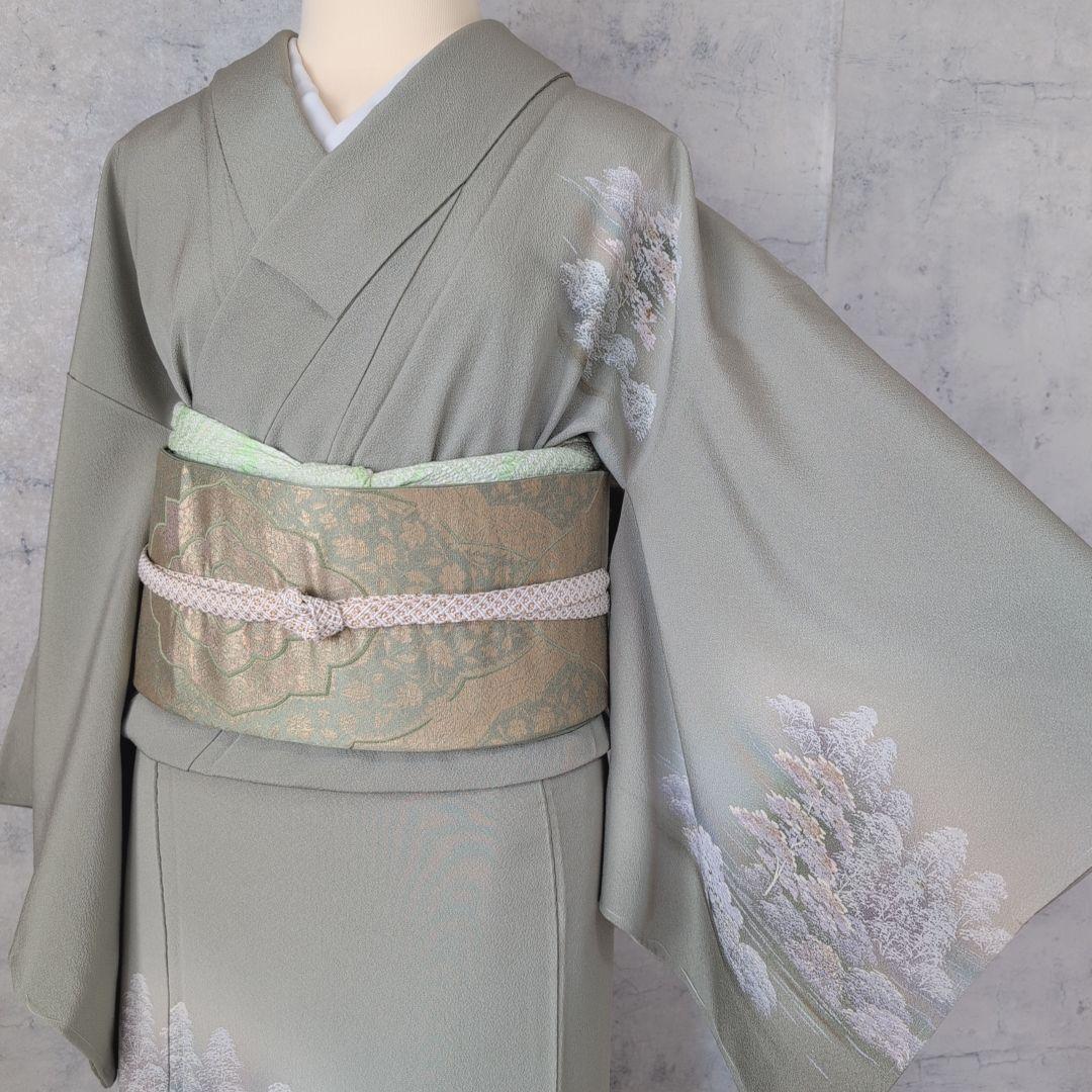 訪問着　フルセット　着物　正絹　木柄　緑　しつけ糸　ナチュラル　優美　自然　O5
