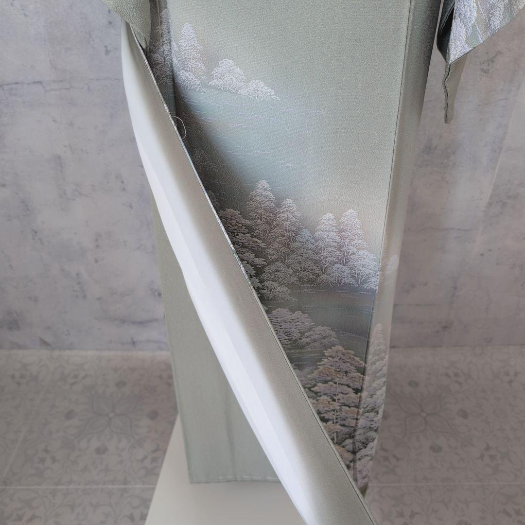 訪問着　フルセット　着物　正絹　木柄　緑　しつけ糸　ナチュラル　優美　自然　O5