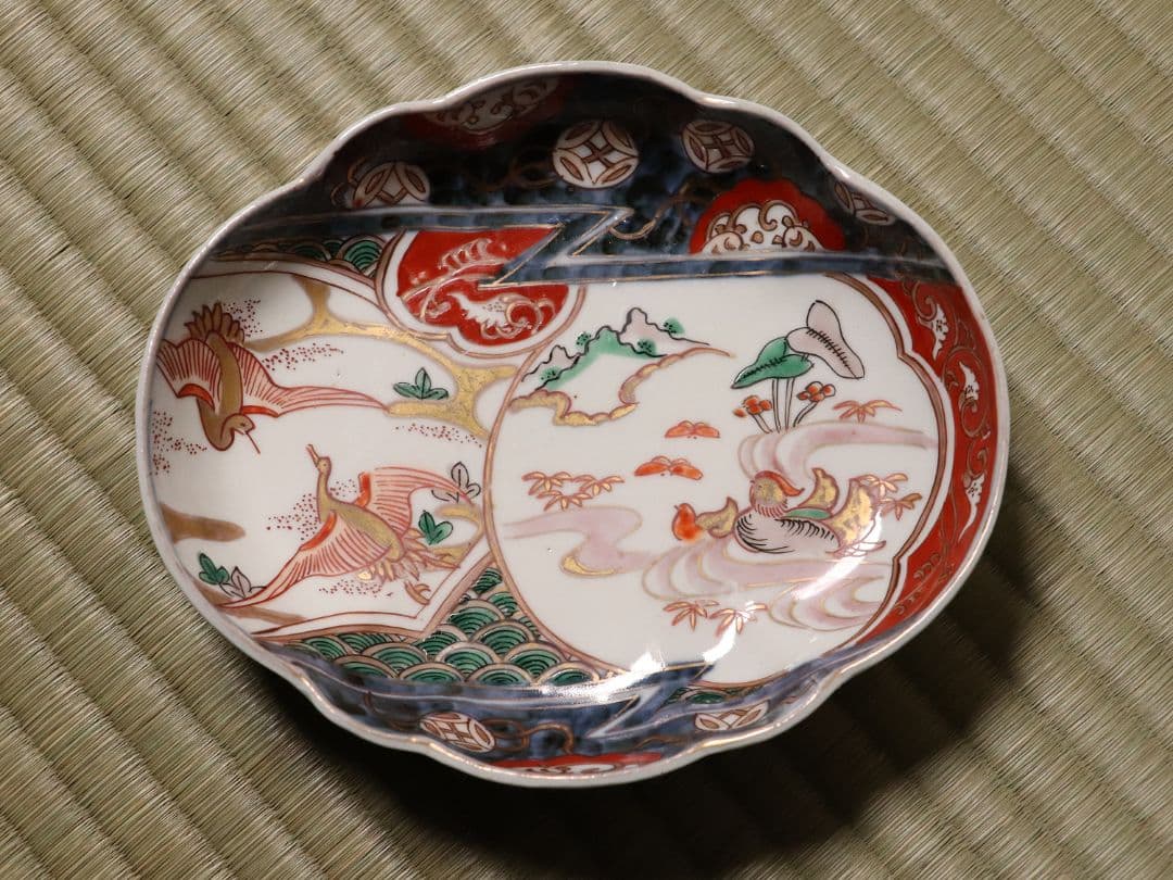 古伊万里 鳥の図 色絵 刺身皿 変形皿 五客 錦手 鴛鴦 鶴 瓢箪 CL96