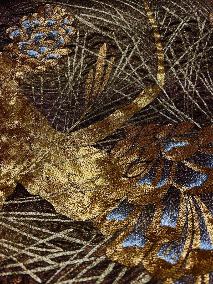 【美品】袋帯 キラキラ地 金駒刺繍 松と松ぼっくり ローズゴールド