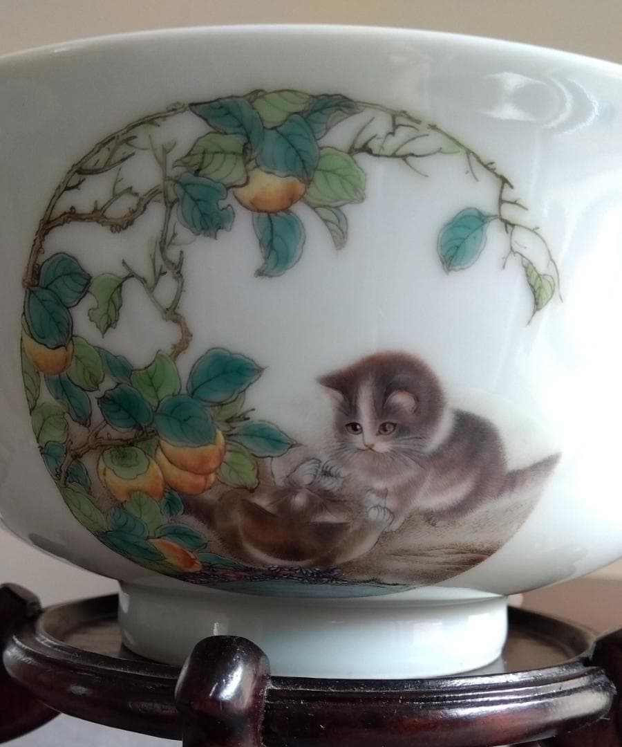 中國古陶磁器　景徳鎮窯　洪厚福先生：静遠堂製　微細描写猫４姿体椀