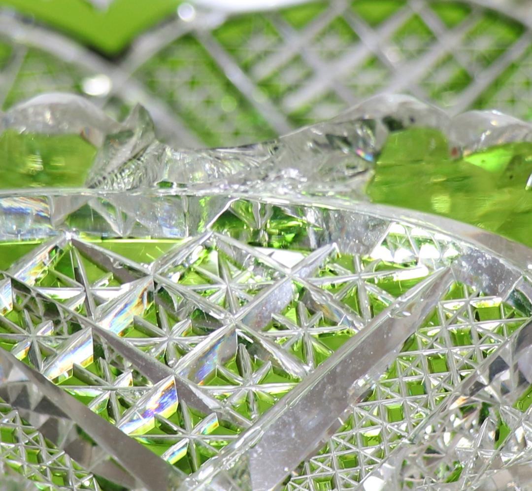 オールド・バカラ 1890年 美術館級 大型 黄緑色被せ切子 丸鉢 アートピース