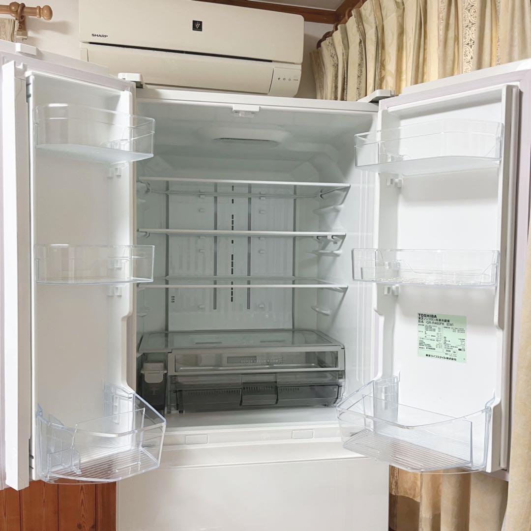 取付無料！東芝ベジータ真ん中野菜室おしゃれホワイトインテリア6ドア冷蔵庫！洗濯機