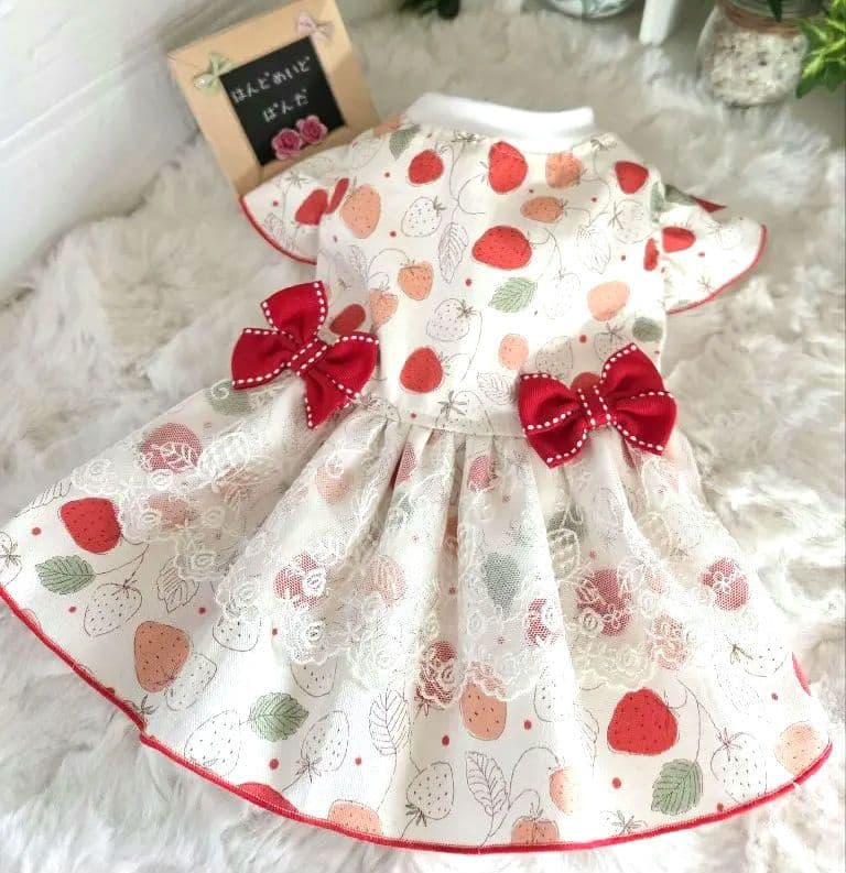 ハンドメイド犬服・シンプルベリー柄・ギャザーたっぷりエレガントワンピース
