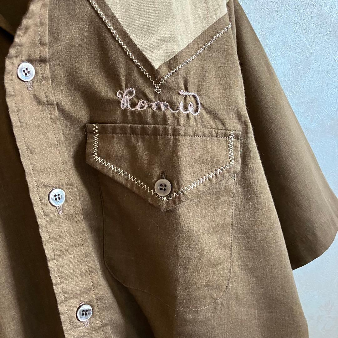 70's USA製 キングルイ チェーン刺繍 ボウリングシャツ 茶ベージュ L