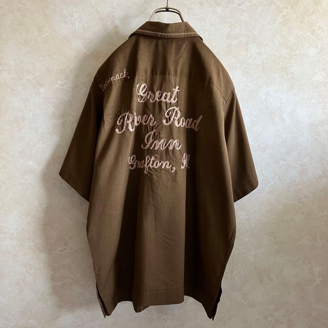 70's USA製 キングルイ チェーン刺繍 ボウリングシャツ 茶ベージュ L