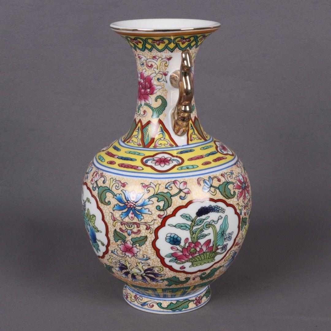 大清乾隆琺瑯彩四季瓜果双耳瓶磁花瓶 景徳鎮 陶磁器 装飾品 現代工芸品美術品置物