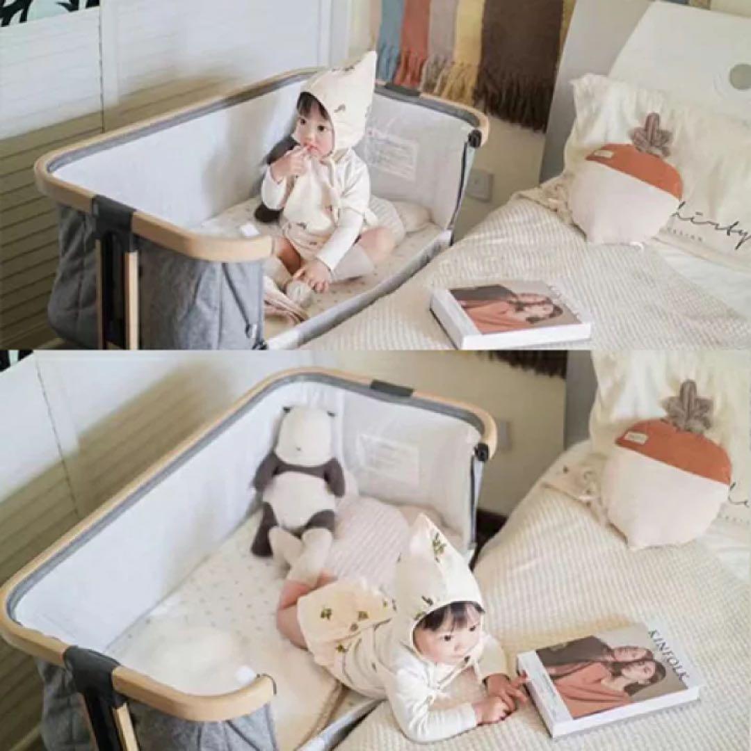 HZDMJ 新型ベビーベッド　説明書付き　グレー　折りたたみ　キャスター付き