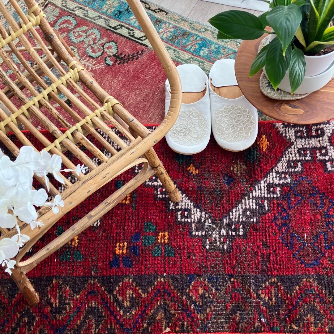 温かざっくり編み✳︎クリスマスレッド　　ロング　ランナー　トルコヴィンテージラグ