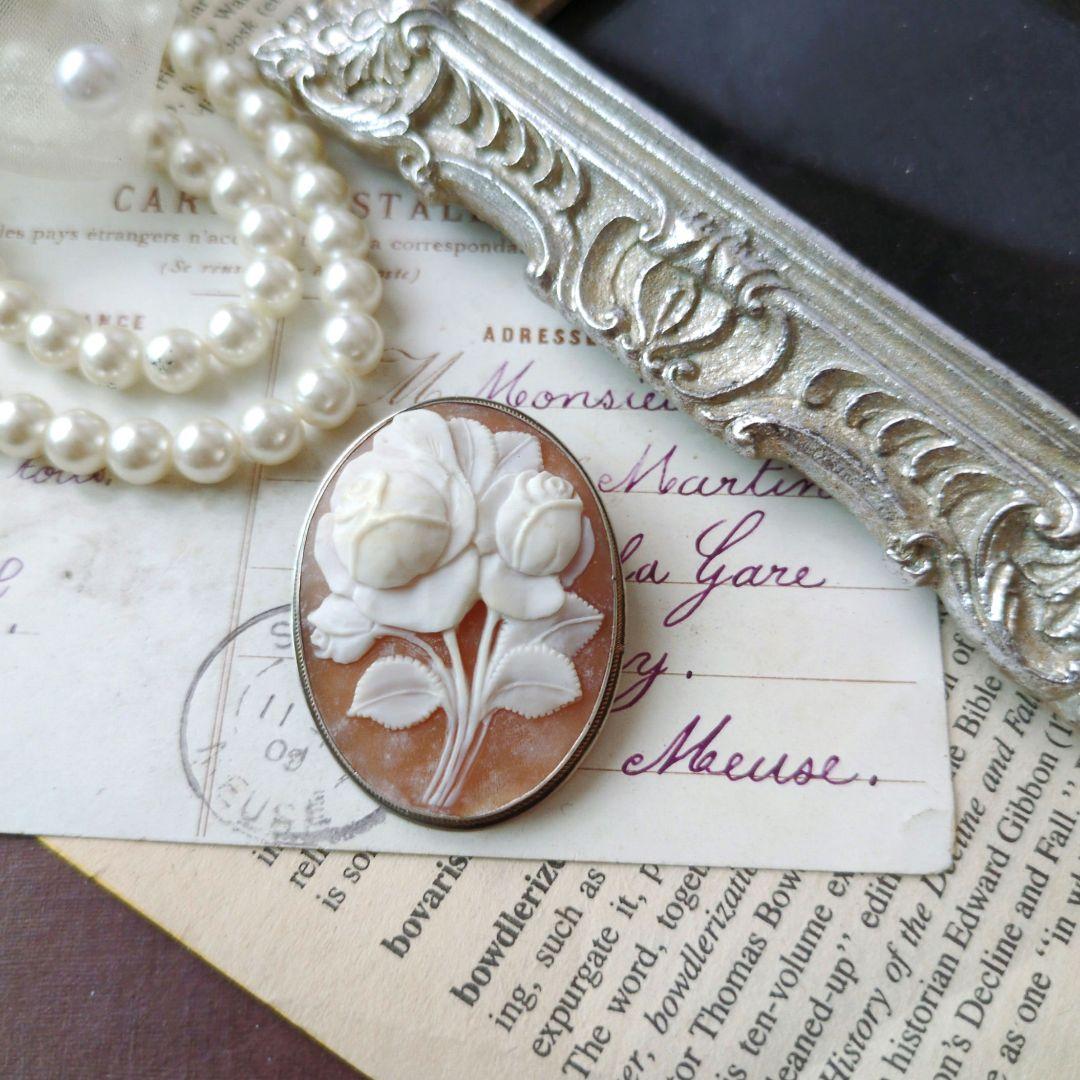ITALY SILVER900 シェルカメオ ローズ ブローチ ペンダント 薔薇