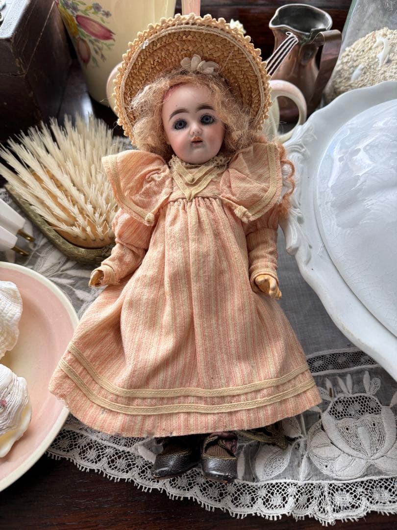 アンマークド、アーリーケストナー アンティークビスクドール ストローハット付き