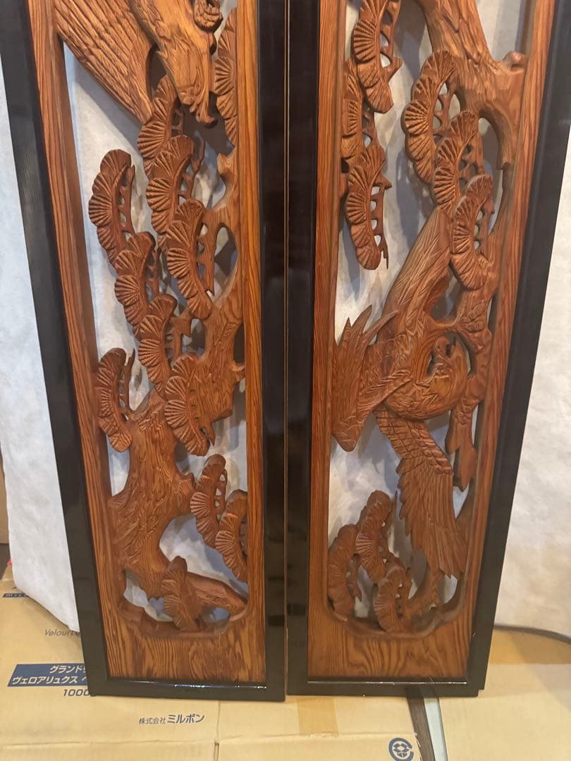 欄間 木彫り 彫刻 二枚組　松と鷲アンティーク