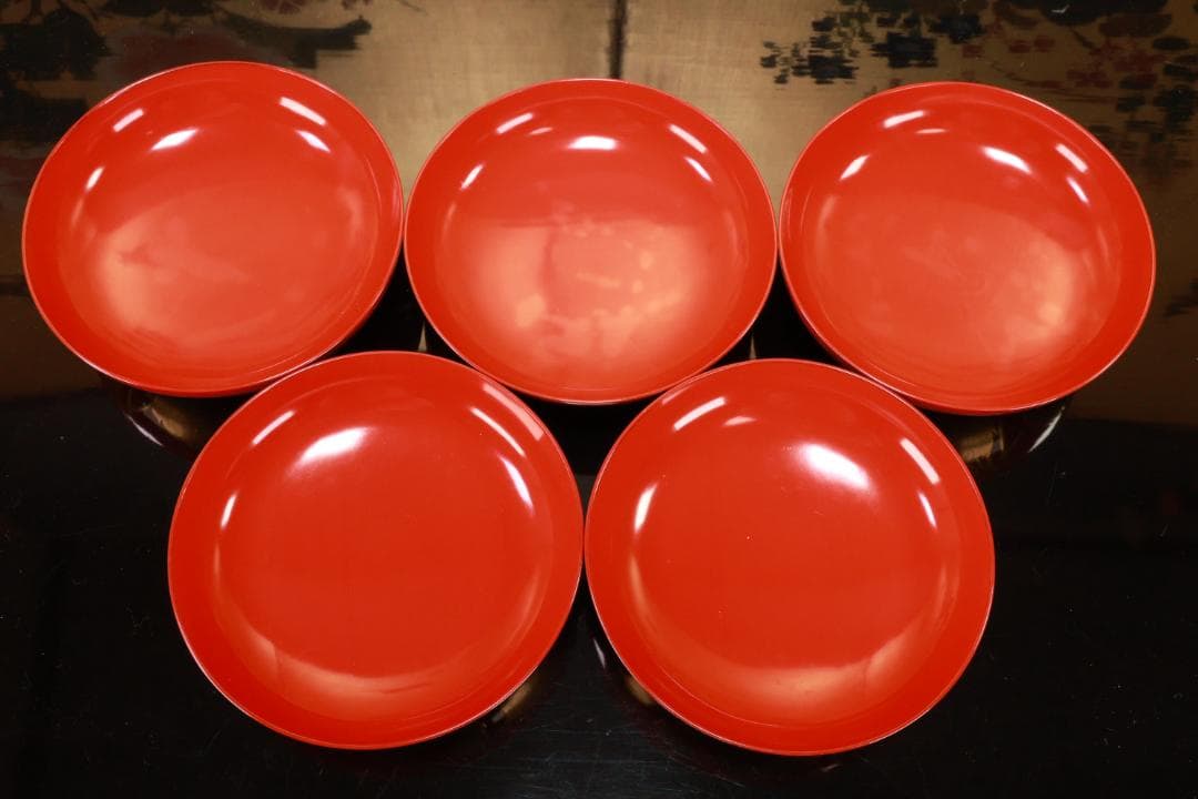 BK128　時代輪島塗　草花図金蒔絵　吸物椀　五客　木製　茶道具 懐石 菓子