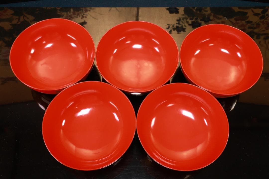 BK128　時代輪島塗　草花図金蒔絵　吸物椀　五客　木製　茶道具 懐石 菓子