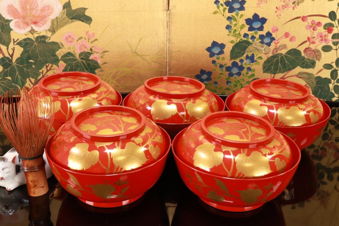 BK128　時代輪島塗　草花図金蒔絵　吸物椀　五客　木製　茶道具 懐石 菓子