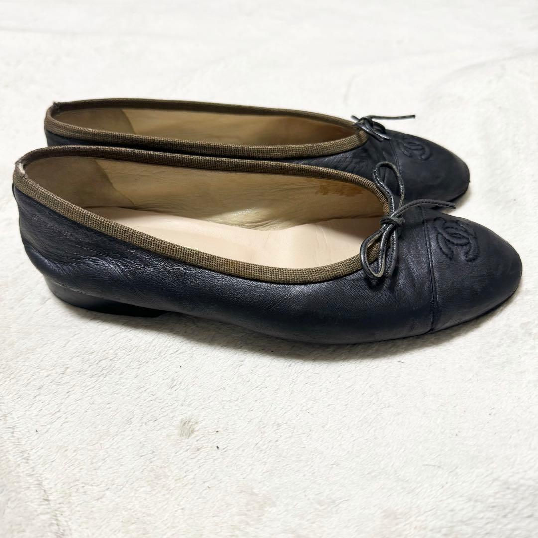 CHANEL シャネル　ブラックバレエシューズ　22cm ブラック　レザー　黒