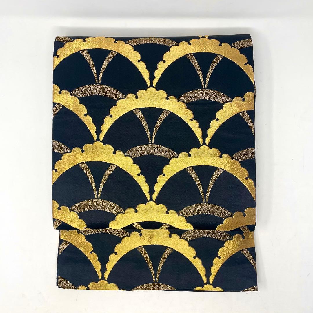 ［ 袋帯/振袖 ］ポリエステル　黒　金　雪芝　雪輪　芝草　成人式　振り袖　洗える