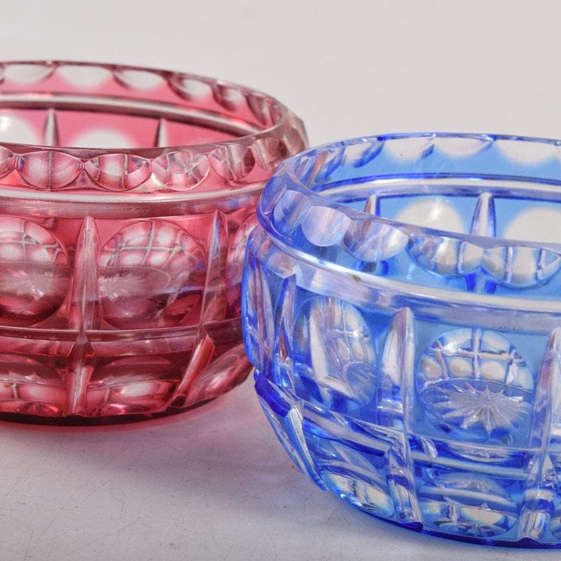 堀口硝子　須田秀石作　江戸切子　玉格子文　小鉢　共箱　2点　D　R8799