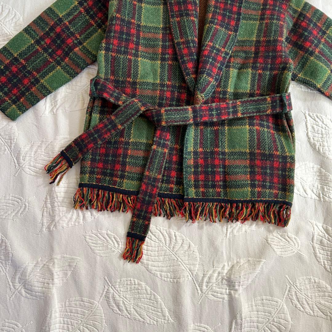 新品　45R.ウール100 ジャガードニット タータンチェック　フリンジ　コート