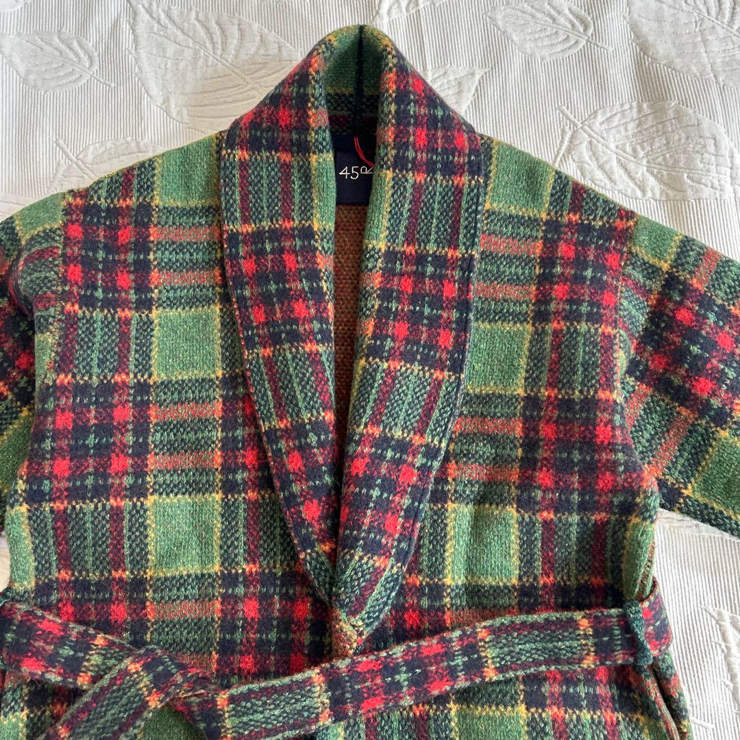 新品　45R.ウール100 ジャガードニット タータンチェック　フリンジ　コート