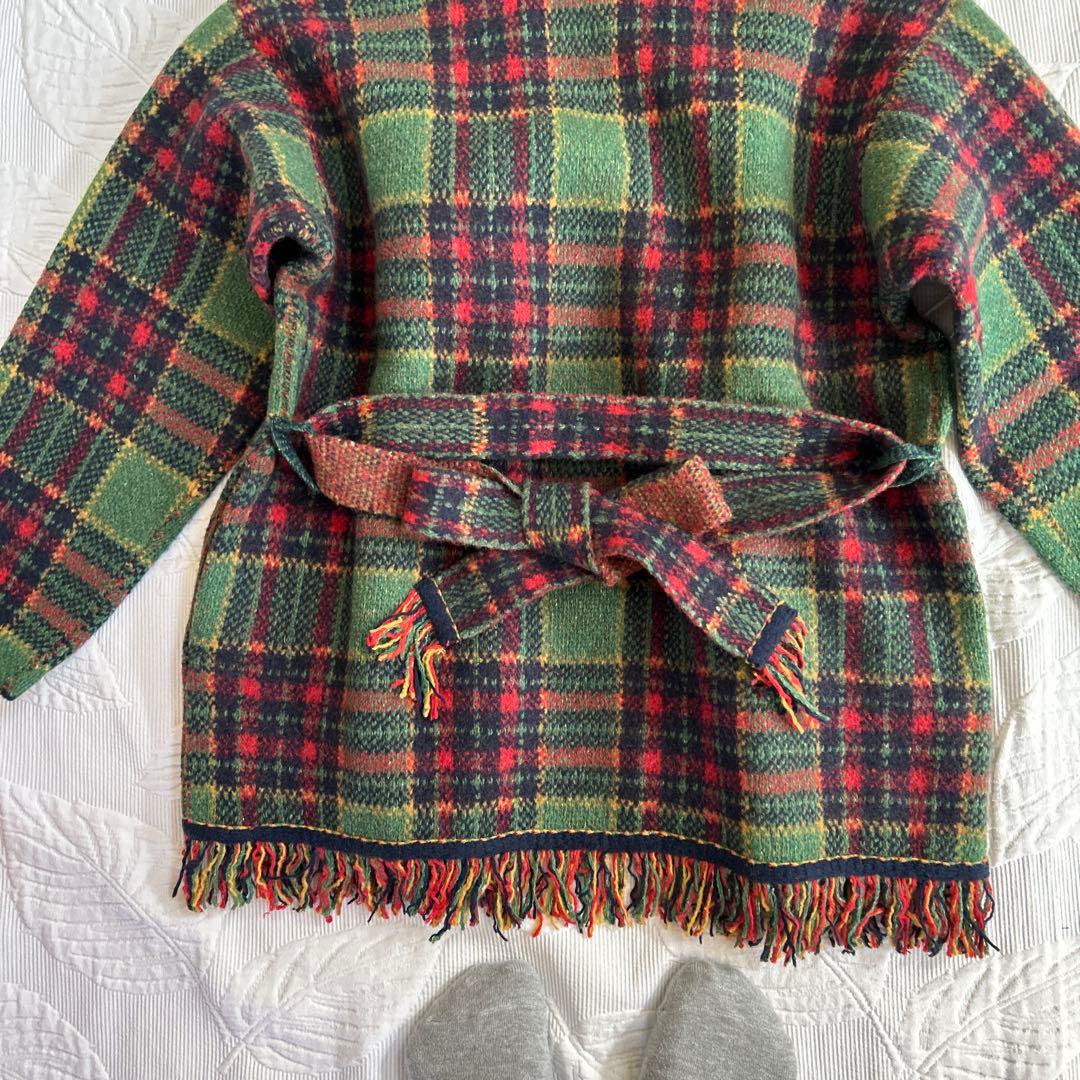 新品　45R.ウール100 ジャガードニット タータンチェック　フリンジ　コート