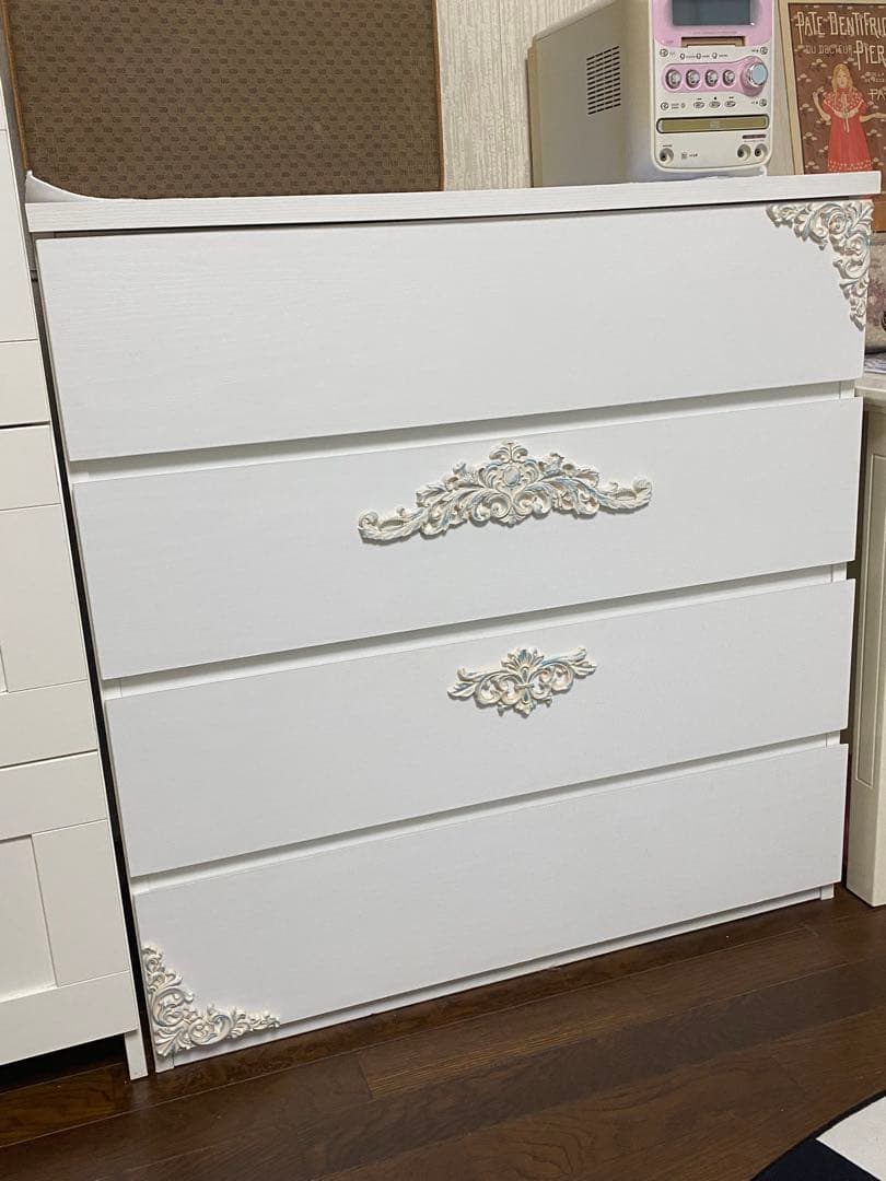 フレンチ ４段 チェスト♦️ロココ装飾♦️ホワイト×ティファニーブルー♦️送料込