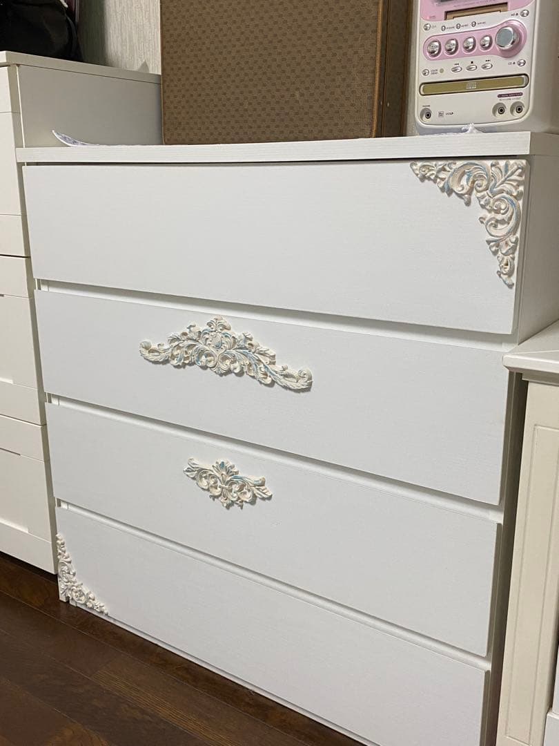 フレンチ ４段 チェスト♦️ロココ装飾♦️ホワイト×ティファニーブルー♦️送料込