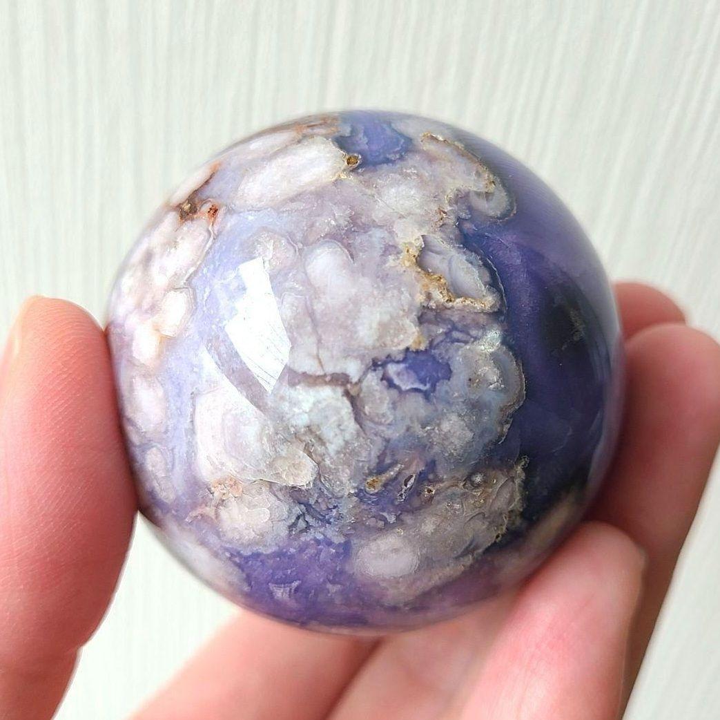 ブルー桜瑪瑙　スフィア　天然石置物　フラワーアゲート　原石　丸玉　ディスプレイ