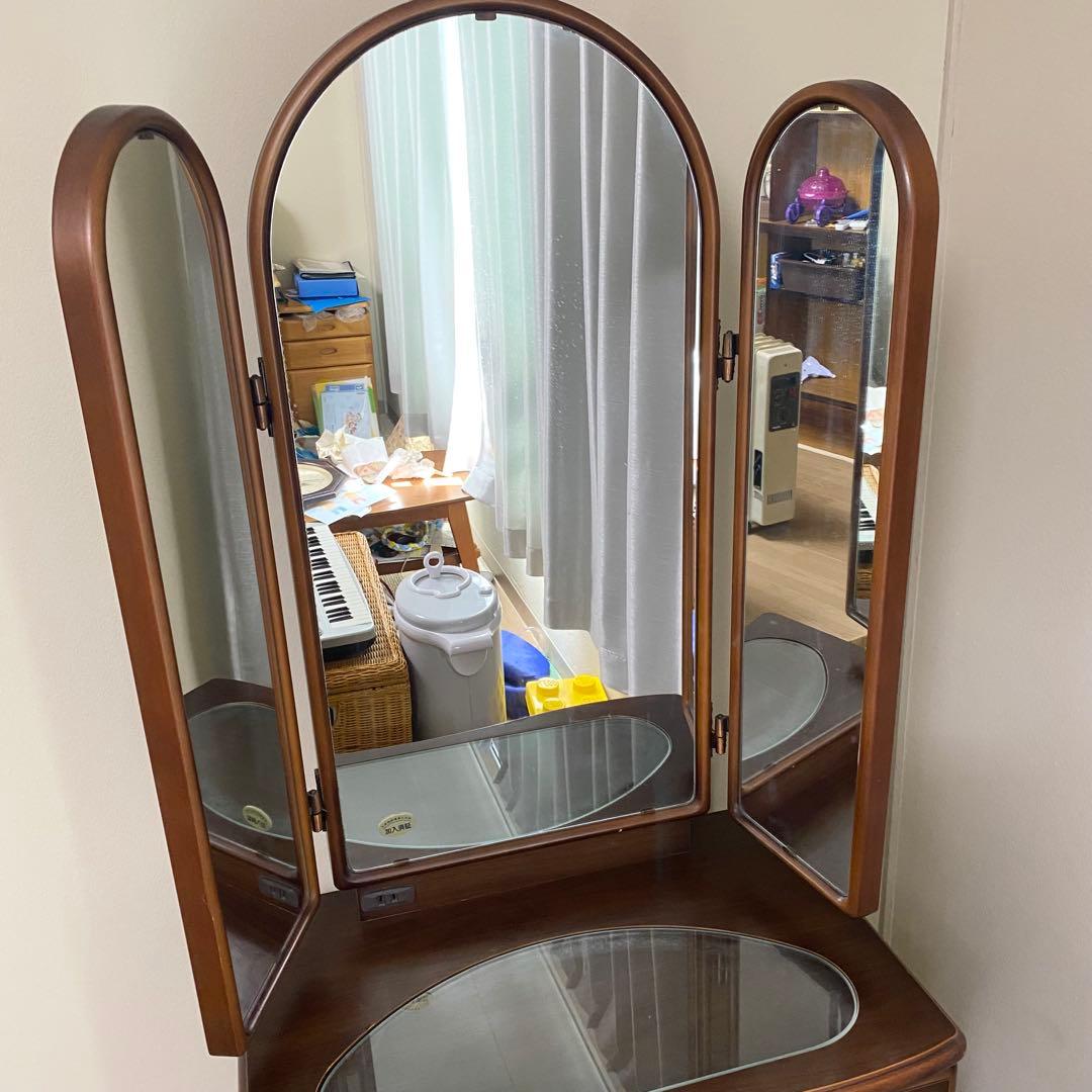 三面鏡　天然木　ドレッサー　オーク　レトロ　板ガラス　コンセント付き　高級家具