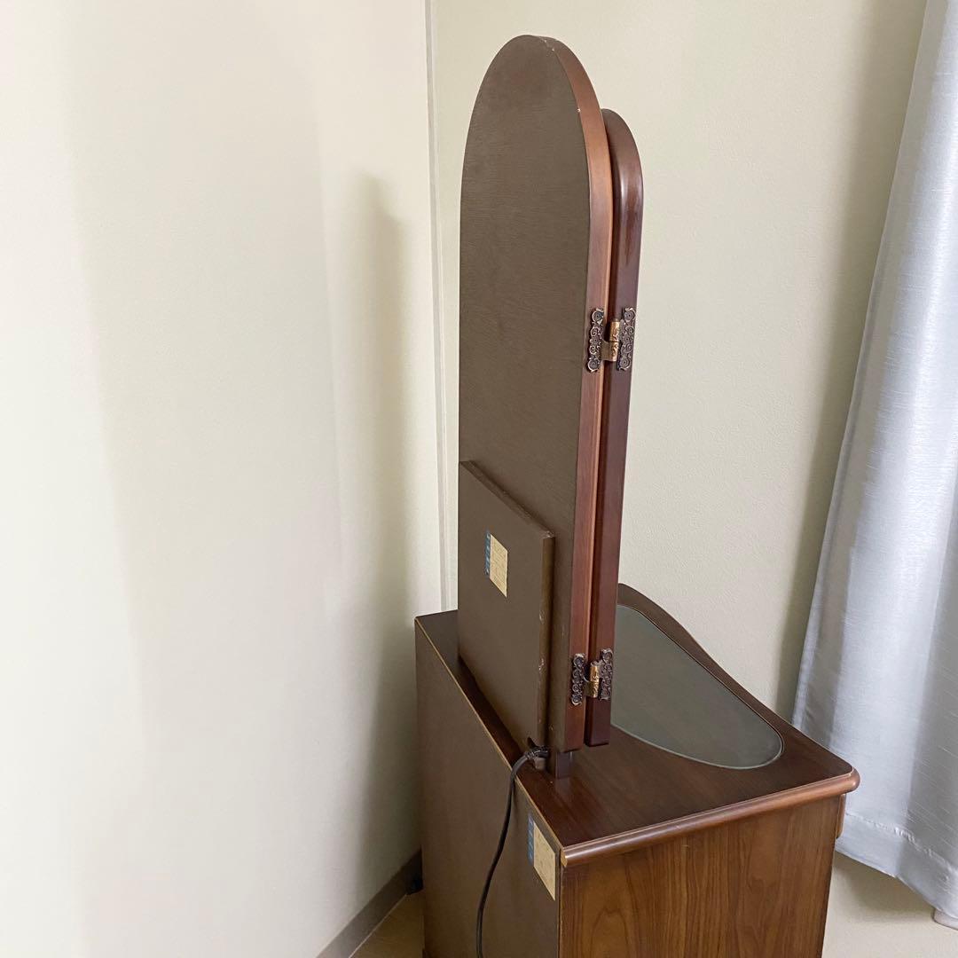 三面鏡　天然木　ドレッサー　オーク　レトロ　板ガラス　コンセント付き　高級家具