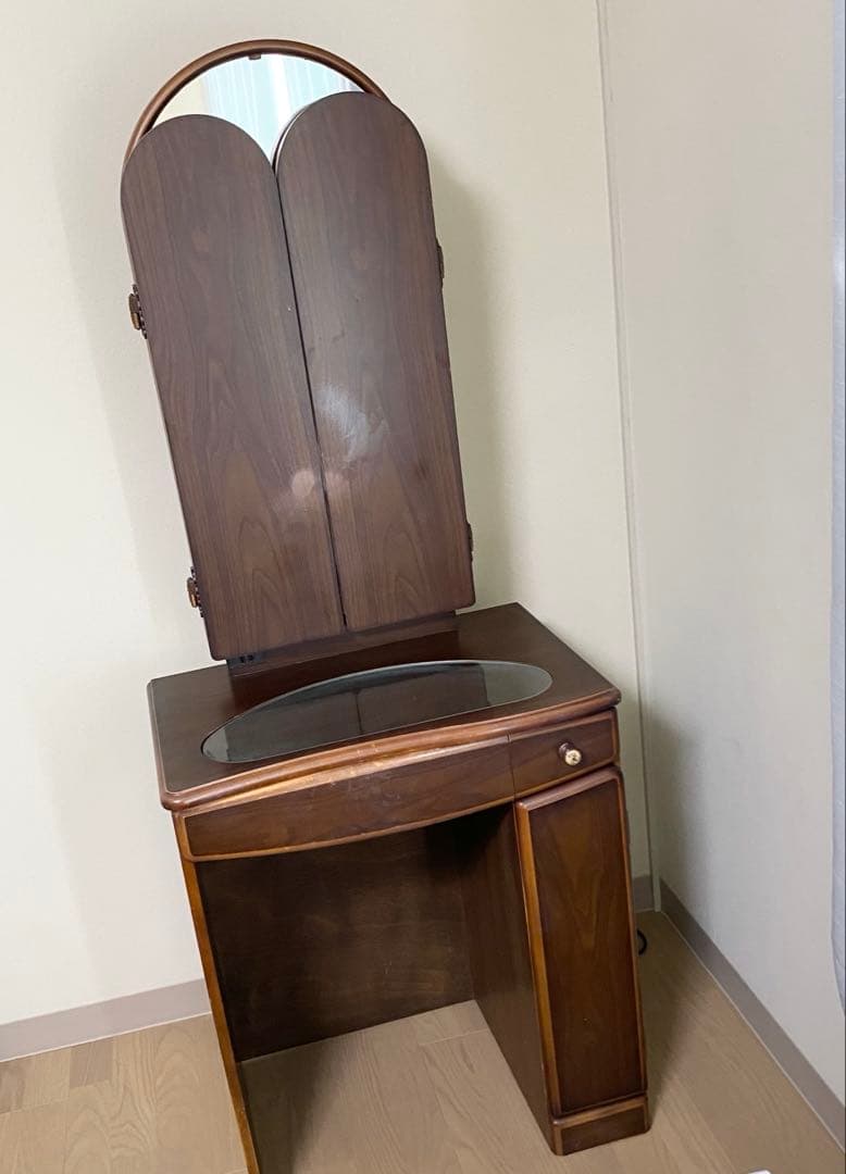 三面鏡　天然木　ドレッサー　オーク　レトロ　板ガラス　コンセント付き　高級家具