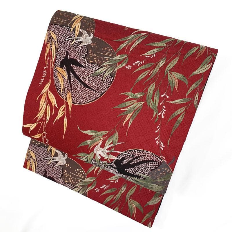 509my36◇大正ロマン 貝島はるみ 柳に瓢箪 鳥 燕 金糸 六通 袋帯◇美品