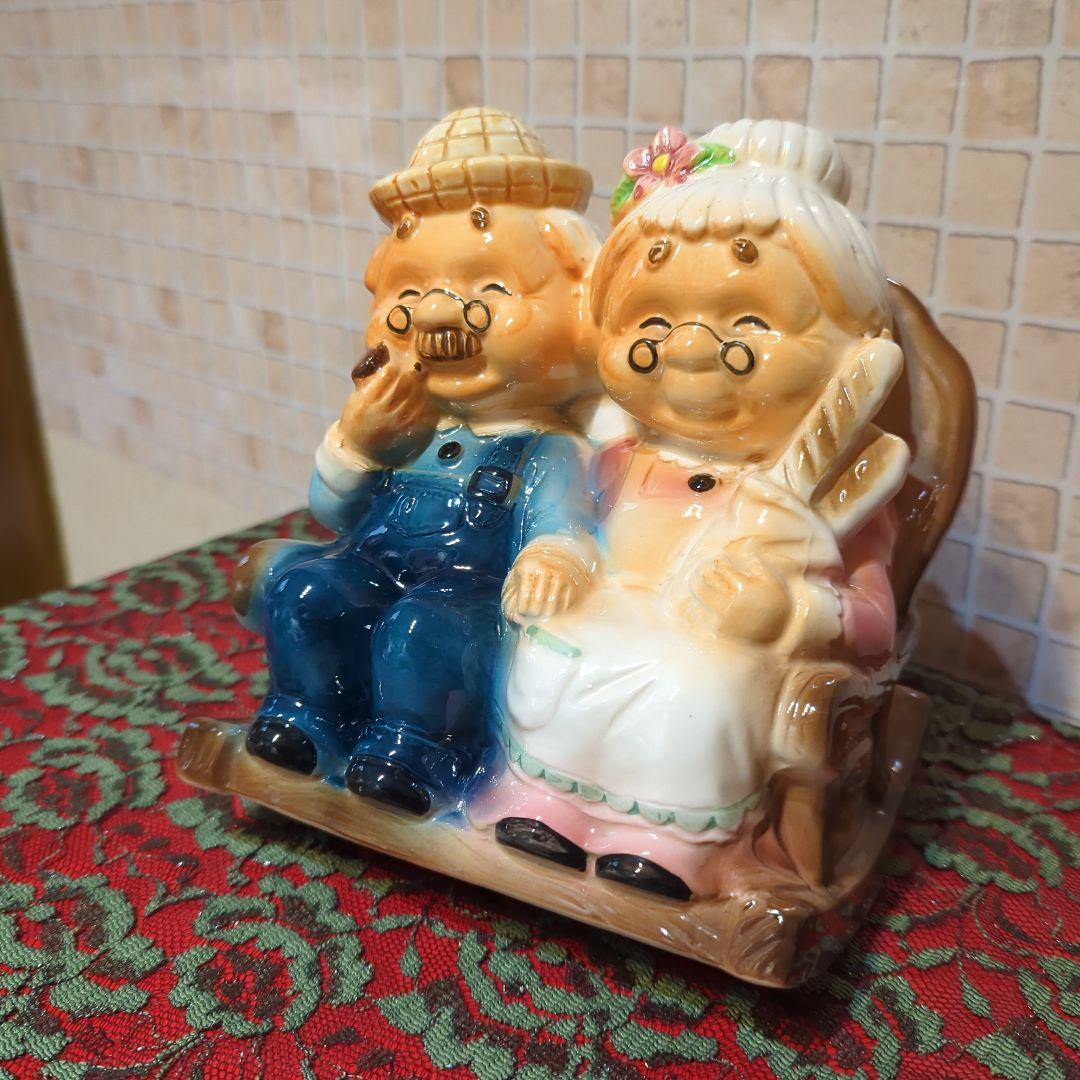 加藤工芸・おじいさんとおばあさんの陶器貯金箱置物・加藤工芸・年代物・当時物