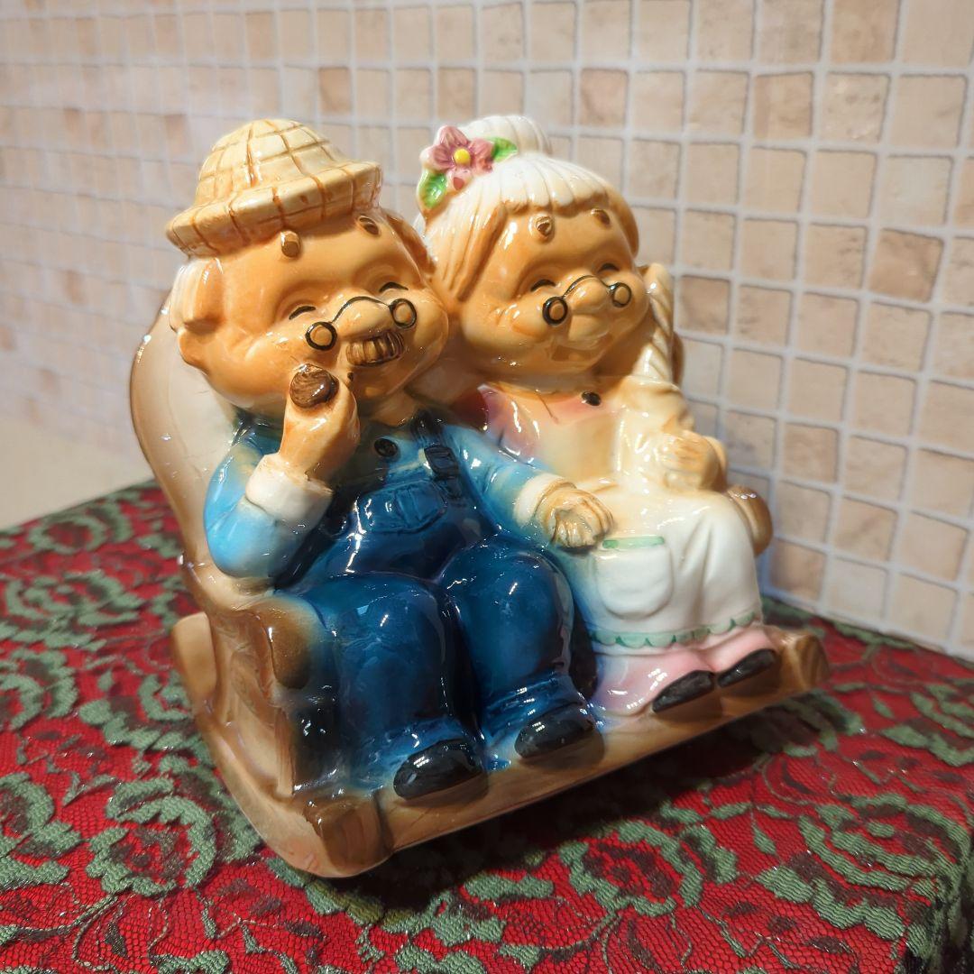 加藤工芸・おじいさんとおばあさんの陶器貯金箱置物・加藤工芸・年代物・当時物