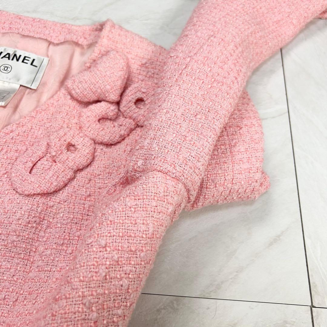 美品 CHANEL 立体 COCO ロゴ ノーカラー ツイードジャケット 38