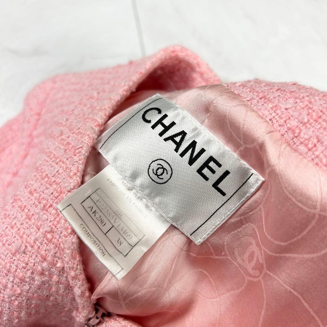 美品 CHANEL 立体 COCO ロゴ ノーカラー ツイードジャケット 38