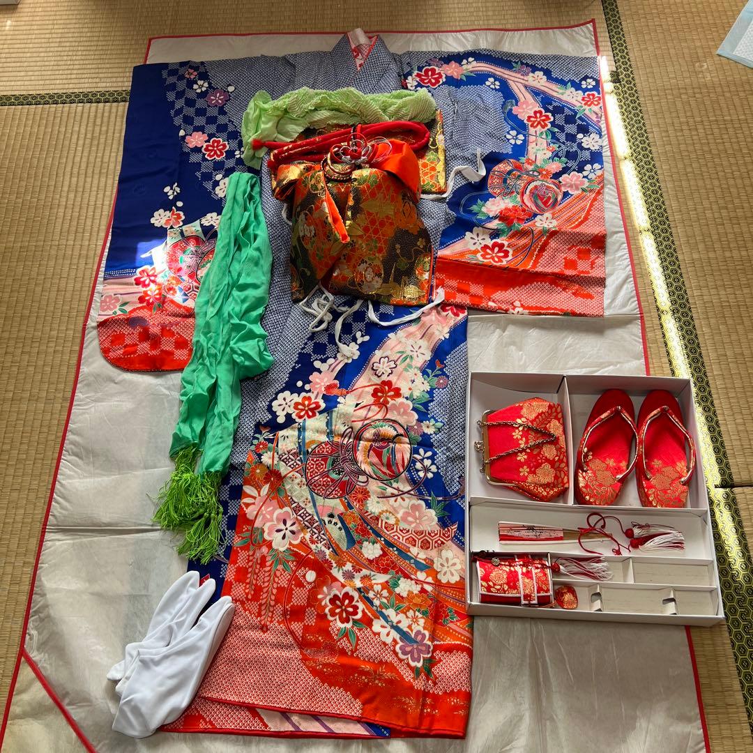 NICO！ 七五三　7歳　女の子着物セット　付け帯付き　草履　青しぼり調