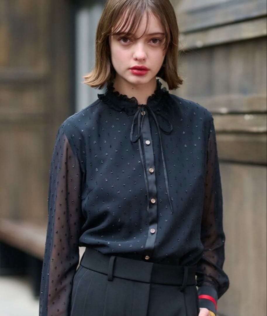 新品・未使用　DRESSTERIOR フィルムドットフリルネックブラウス 黒