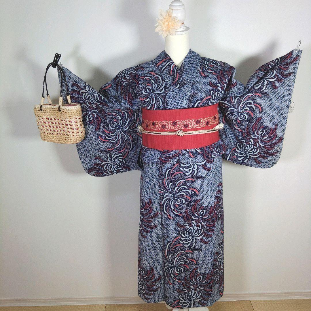 レトロ　レディース　浴衣　セット　身丈150cm　絞り柄　リップル　花柄　半幅帯