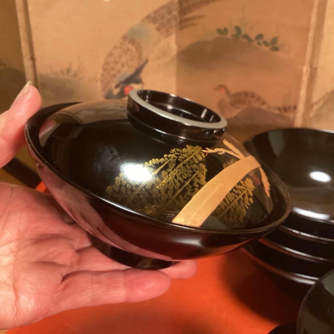 A915 木製輪島塗　黒塗　月に時鳥（ホトトギス）蒔絵　5客