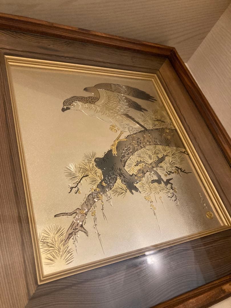 堀口光彦 彫金額 松樹鷹図 金工作品 額装