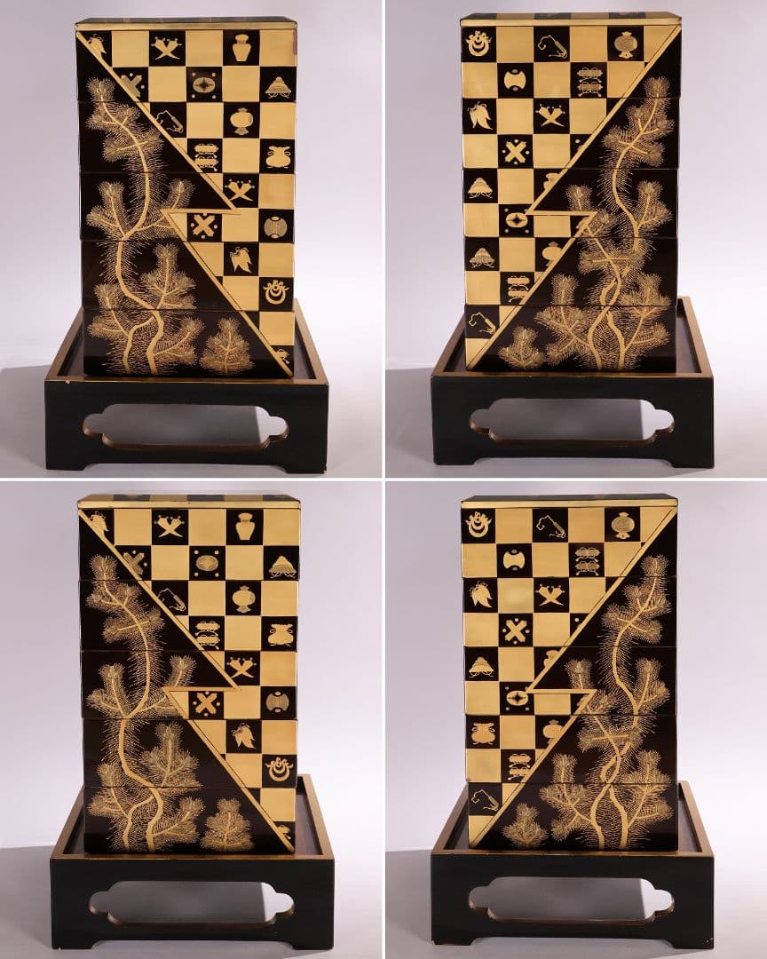 【MB209】時代物 市松に宝尽 松竹梅 金蒔絵 五段重箱 台付 天然木 漆塗
